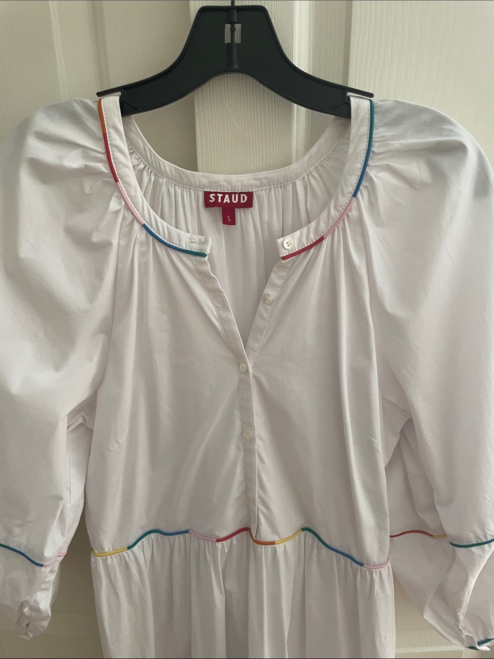 STAUD White Cotton Dress with Multicolor Piping